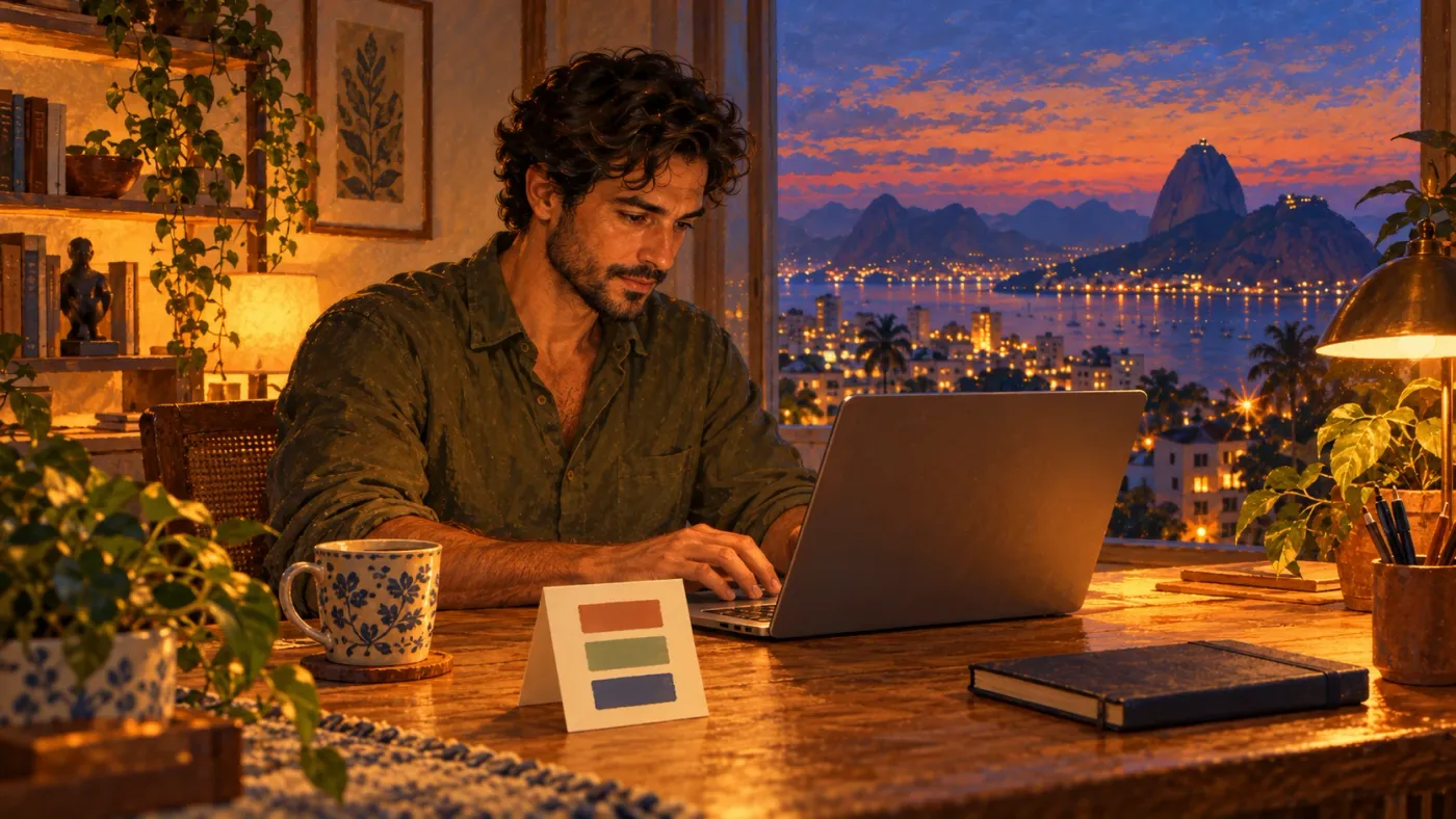 Homem trabalha no laptop junto à janela ao entardecer, com um cartão de três faixas coloridas e um caderno fechado na mesa.